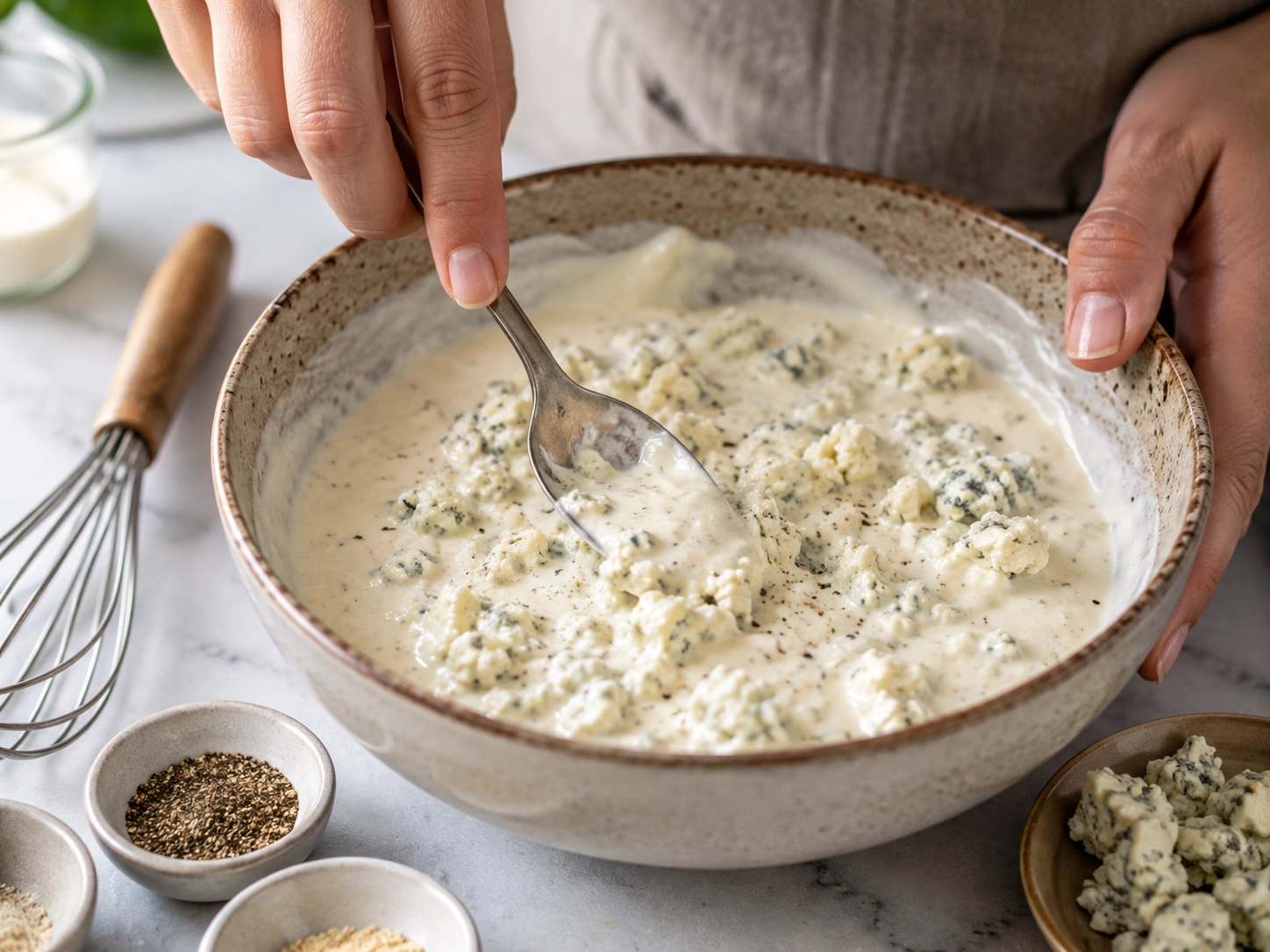 Mixing creamy blue cheese dressing