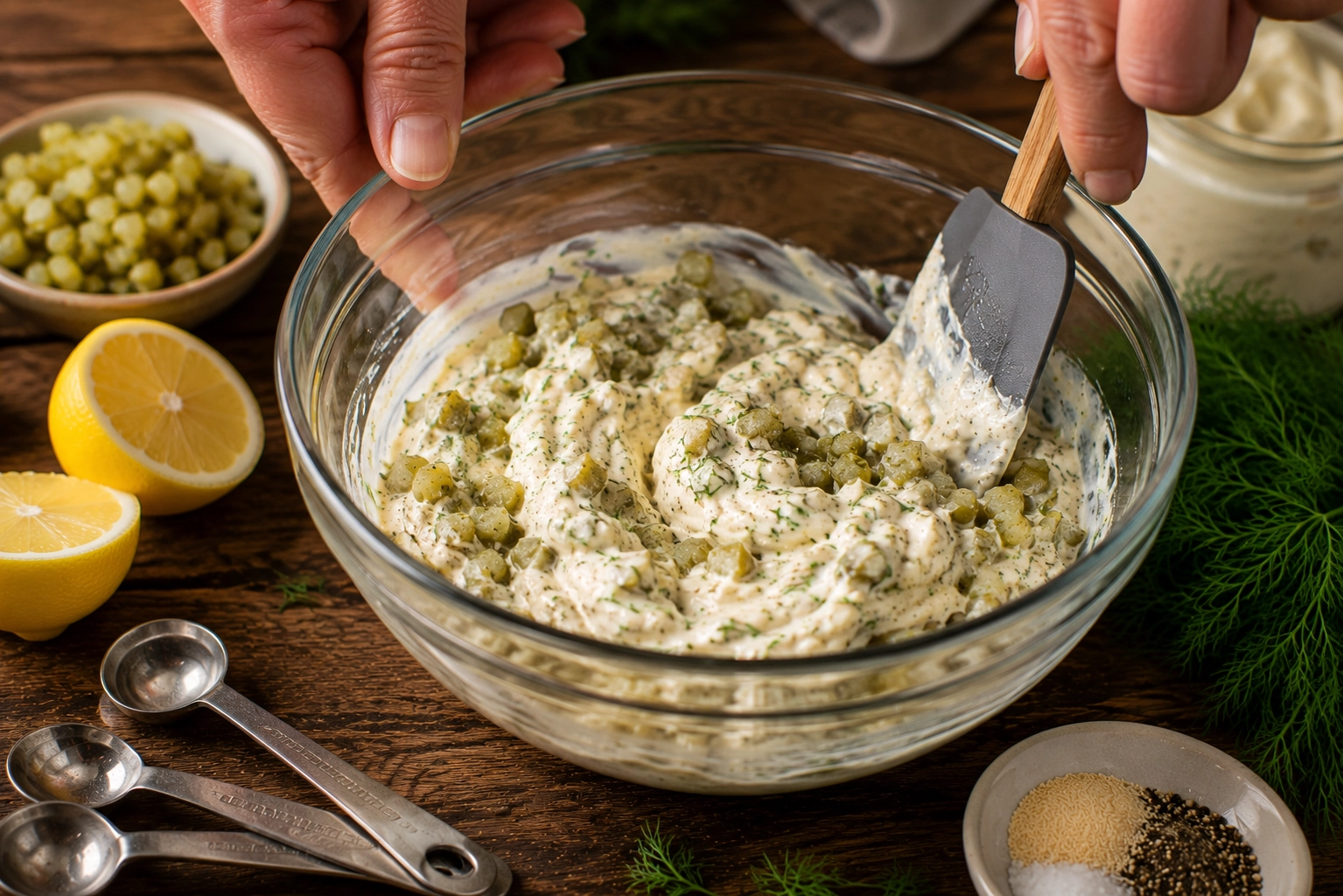 Mixing creamy dill pickle sauce