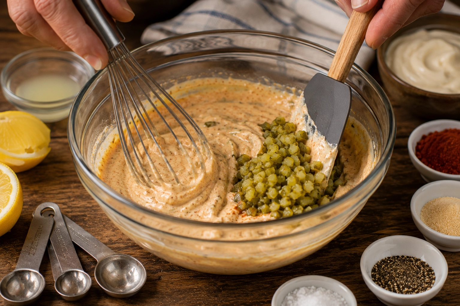 Mixing creamy dressing with relish