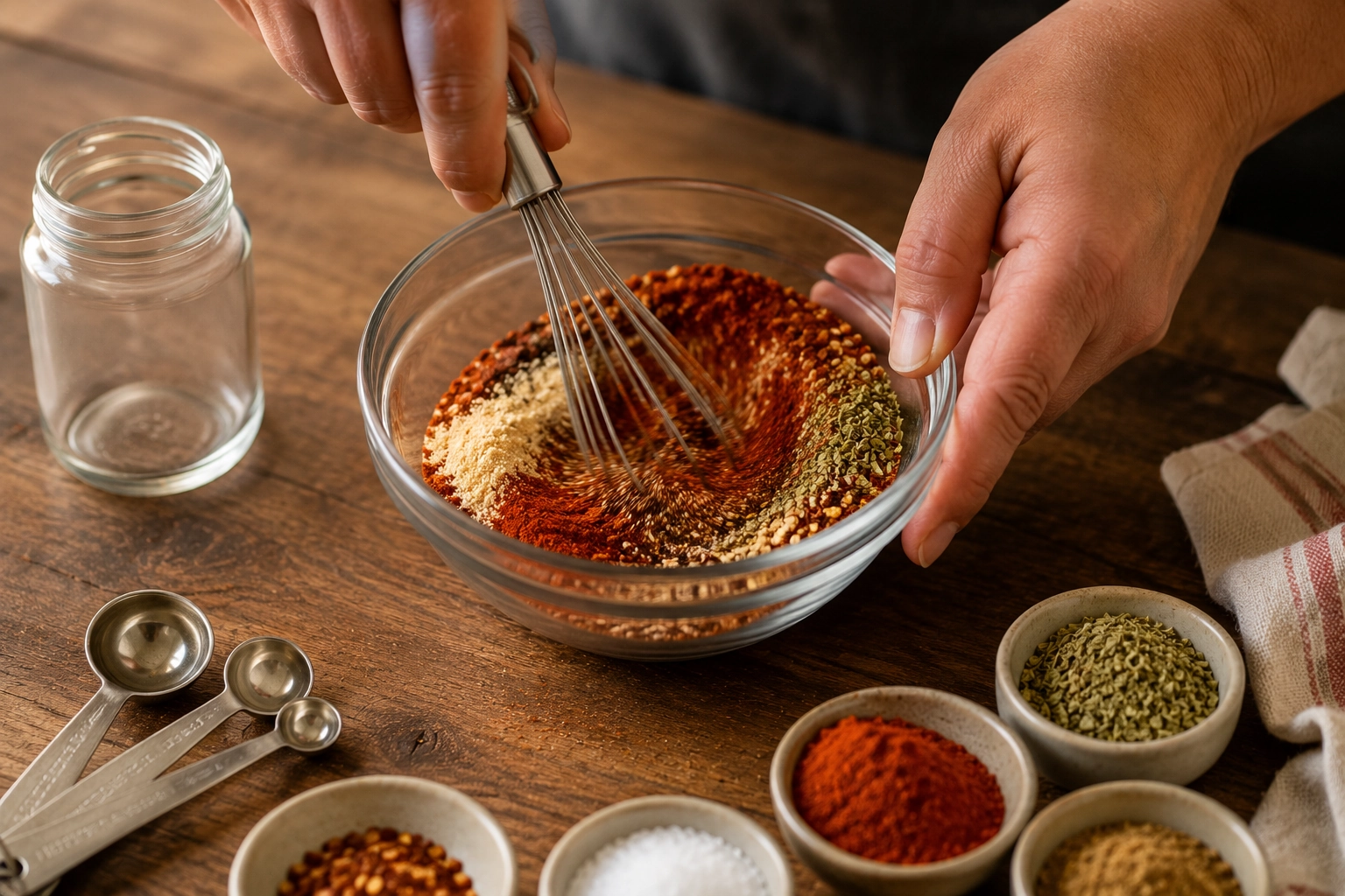 Mixing spices in a rustic kitchen