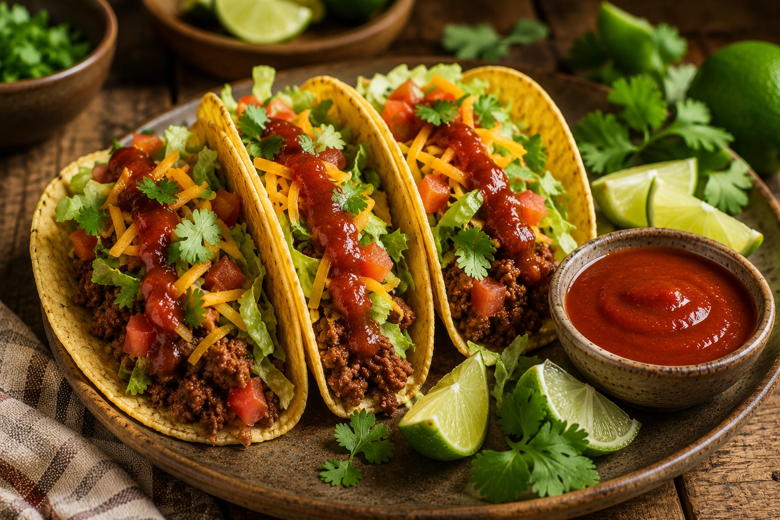 Mouthwatering tacos on rustic table