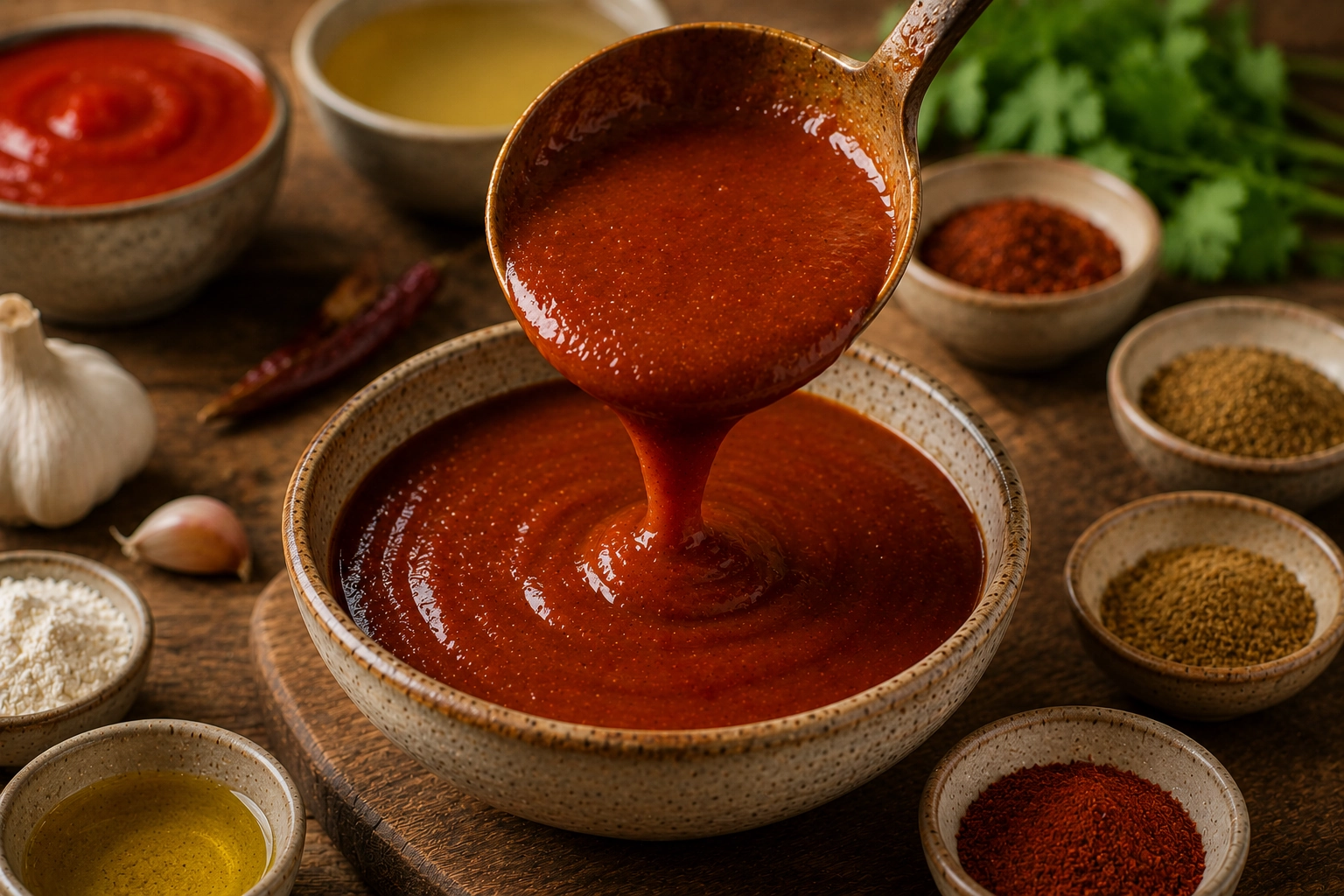 Pouring sauce over rustic ceramics
