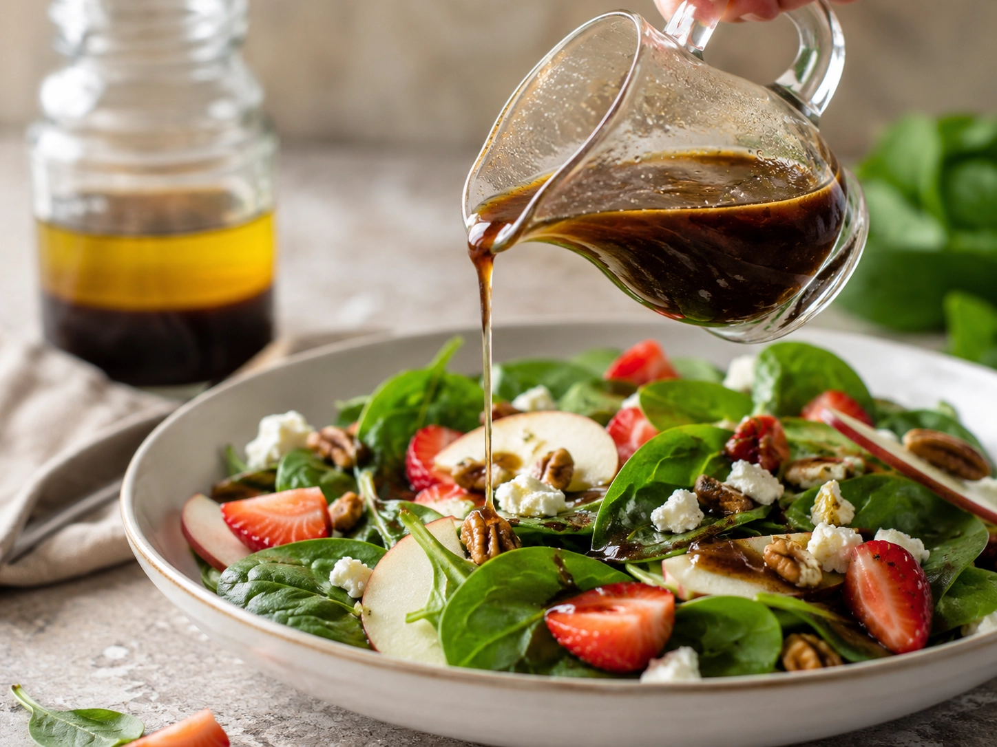 Pouring vinaigrette over fresh salad
