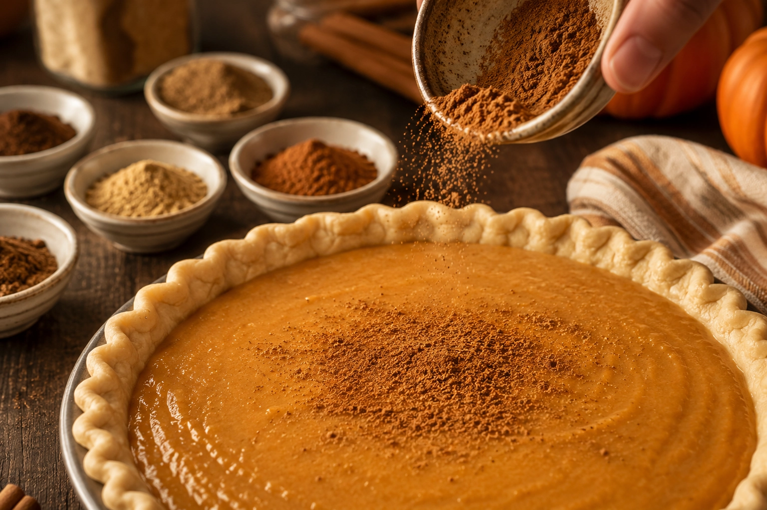 Preparing pumpkin pie with spices