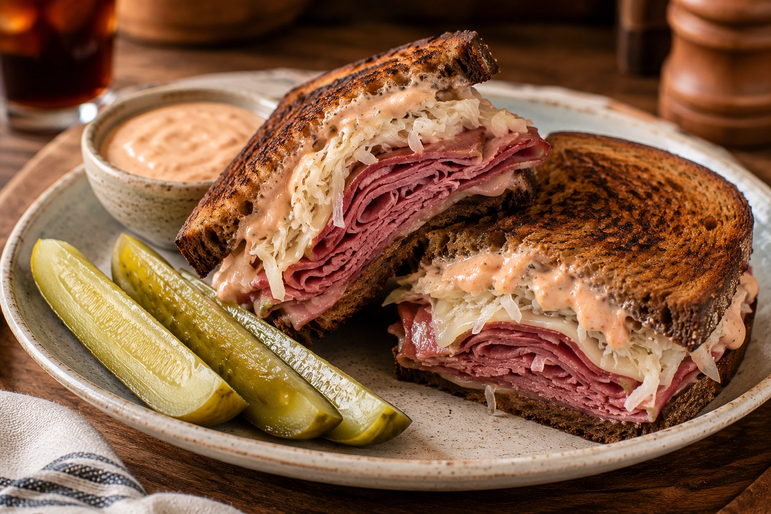 Reuben sandwich with pickles and sauce