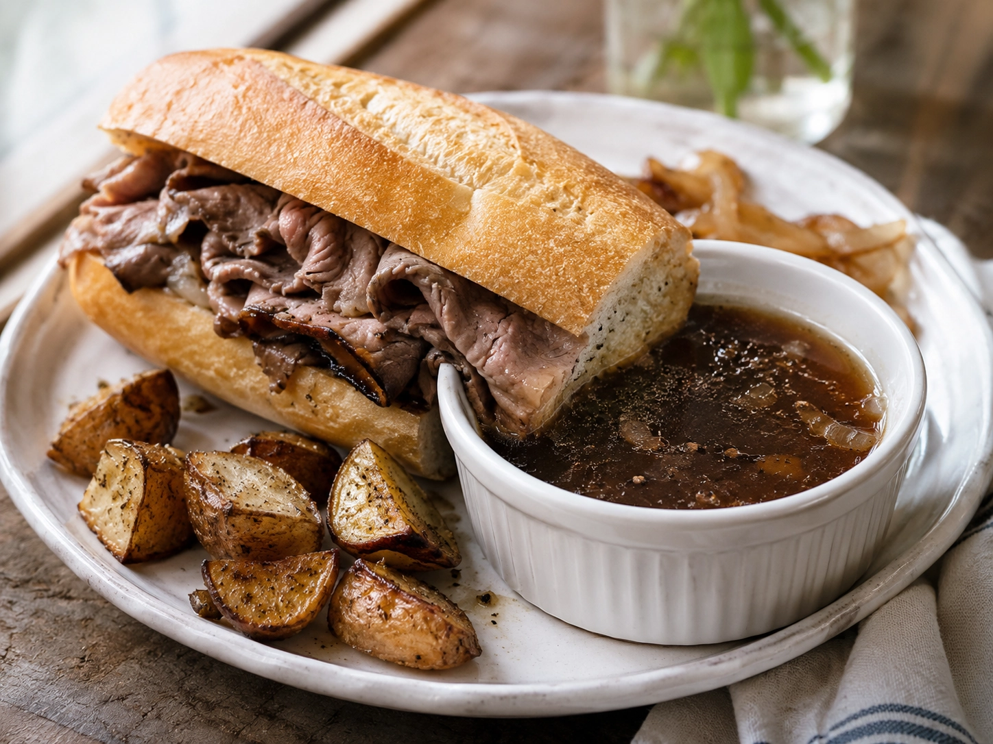 Rustic French dip with roasted potatoes