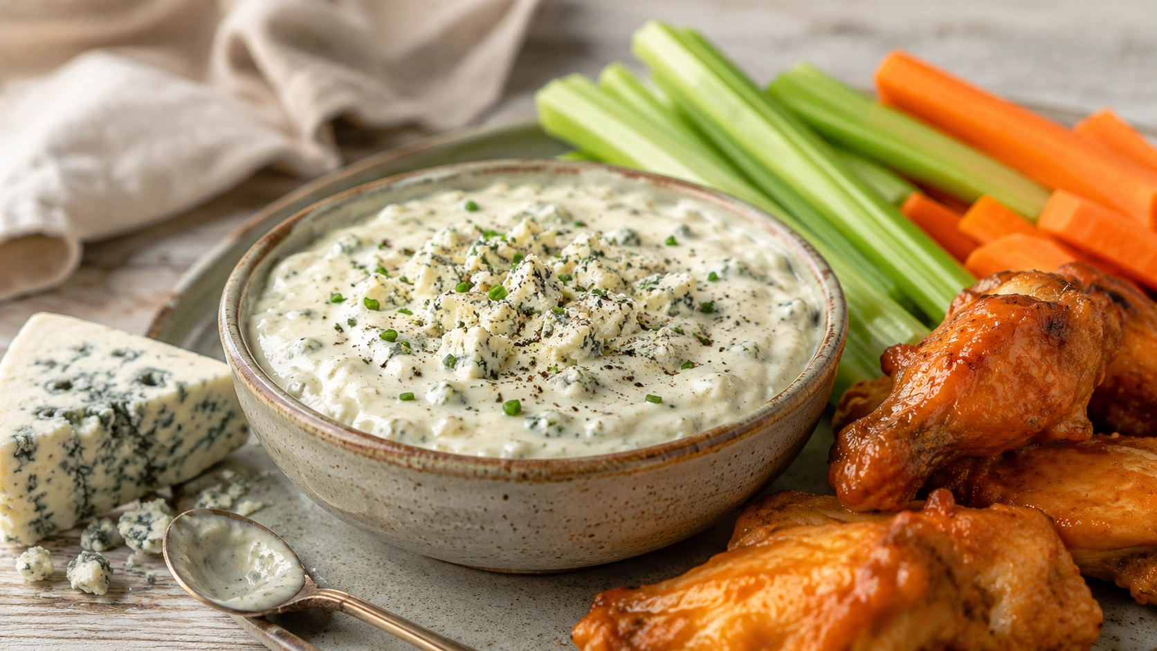 Rustic appetizer platter with creamy dip