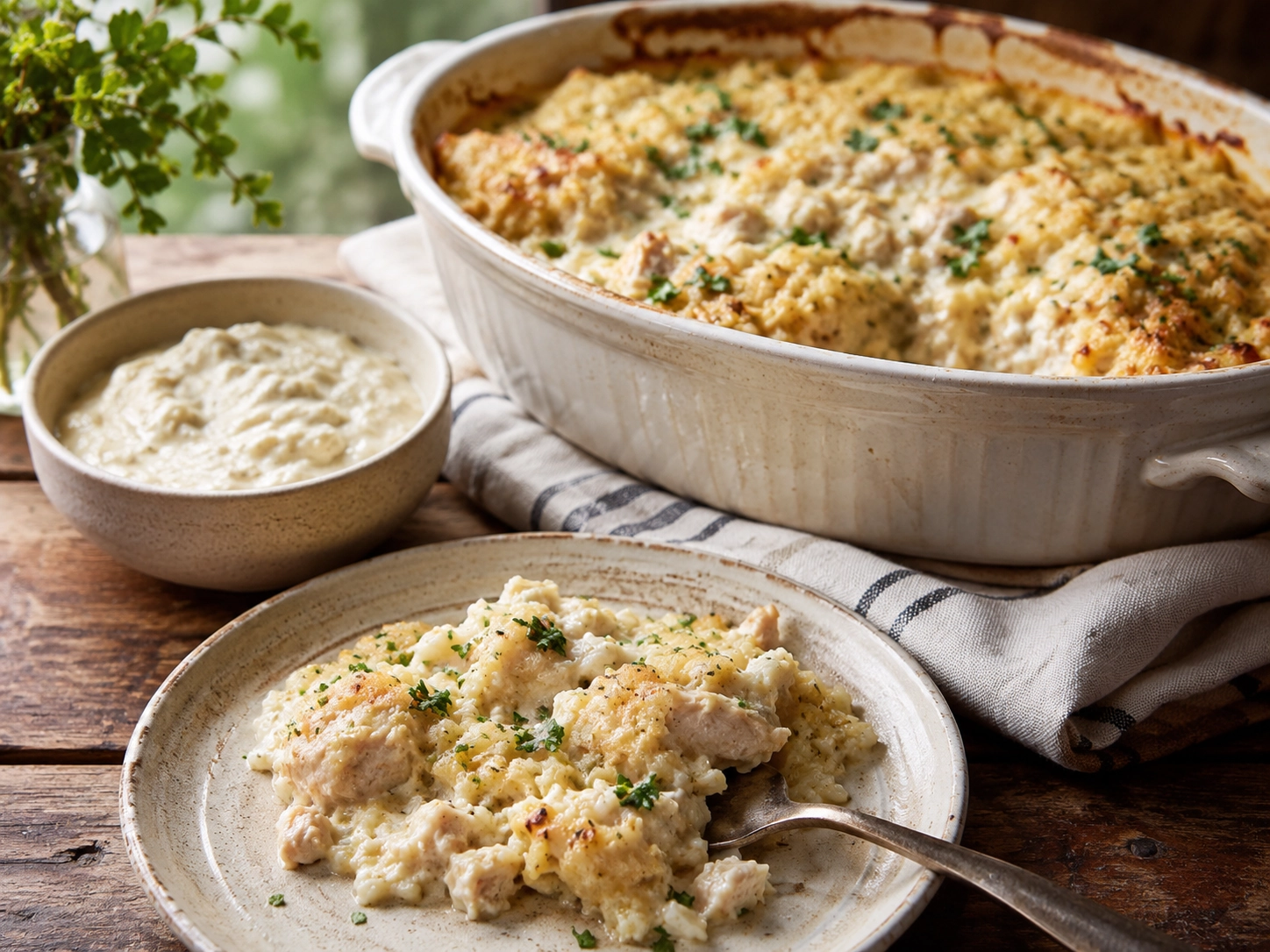 Rustic chicken casserole in creamy sauce