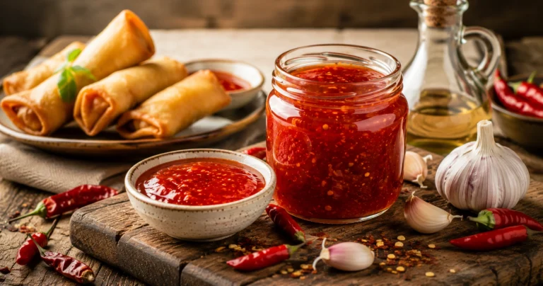 Rustic chili sauce and spring rolls