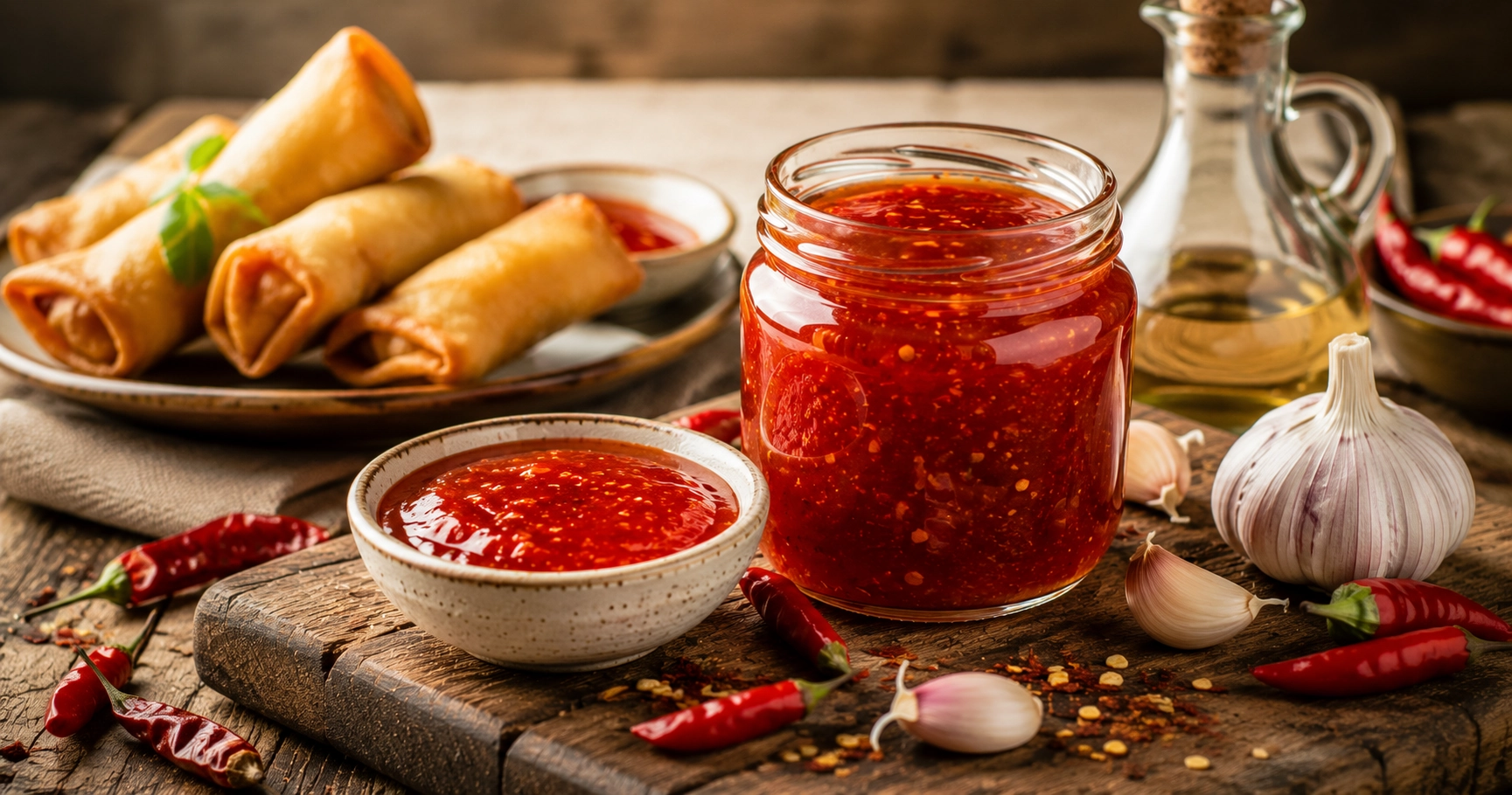 Rustic chili sauce and spring rolls