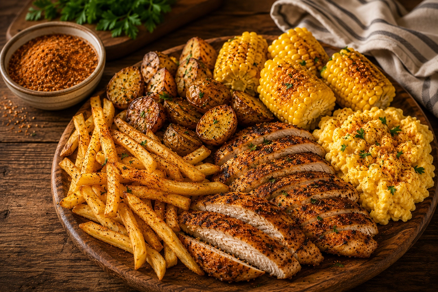 Rustic comfort meal on wooden platter