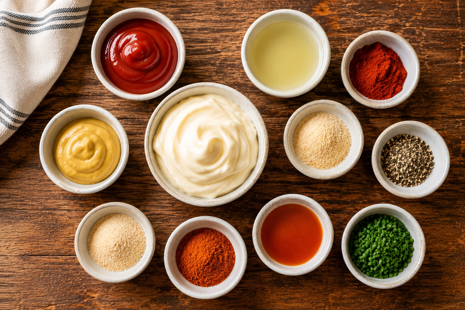 Rustic condiment and spice arrangement