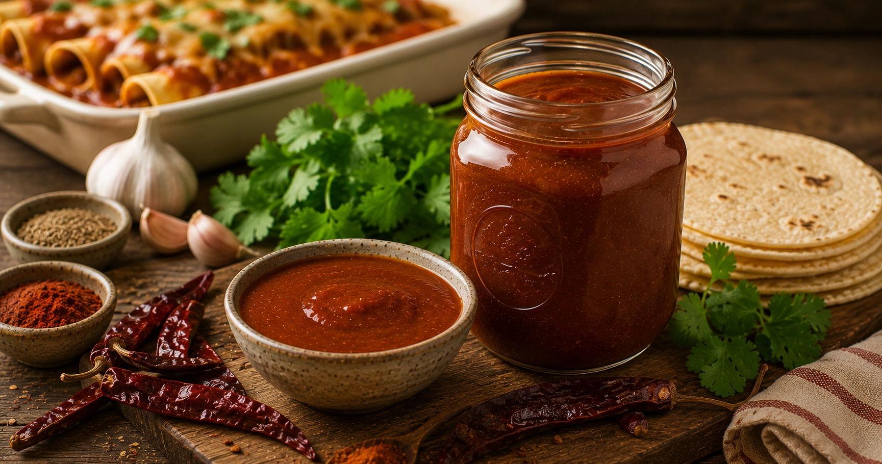 Rustic enchilada cooking scene