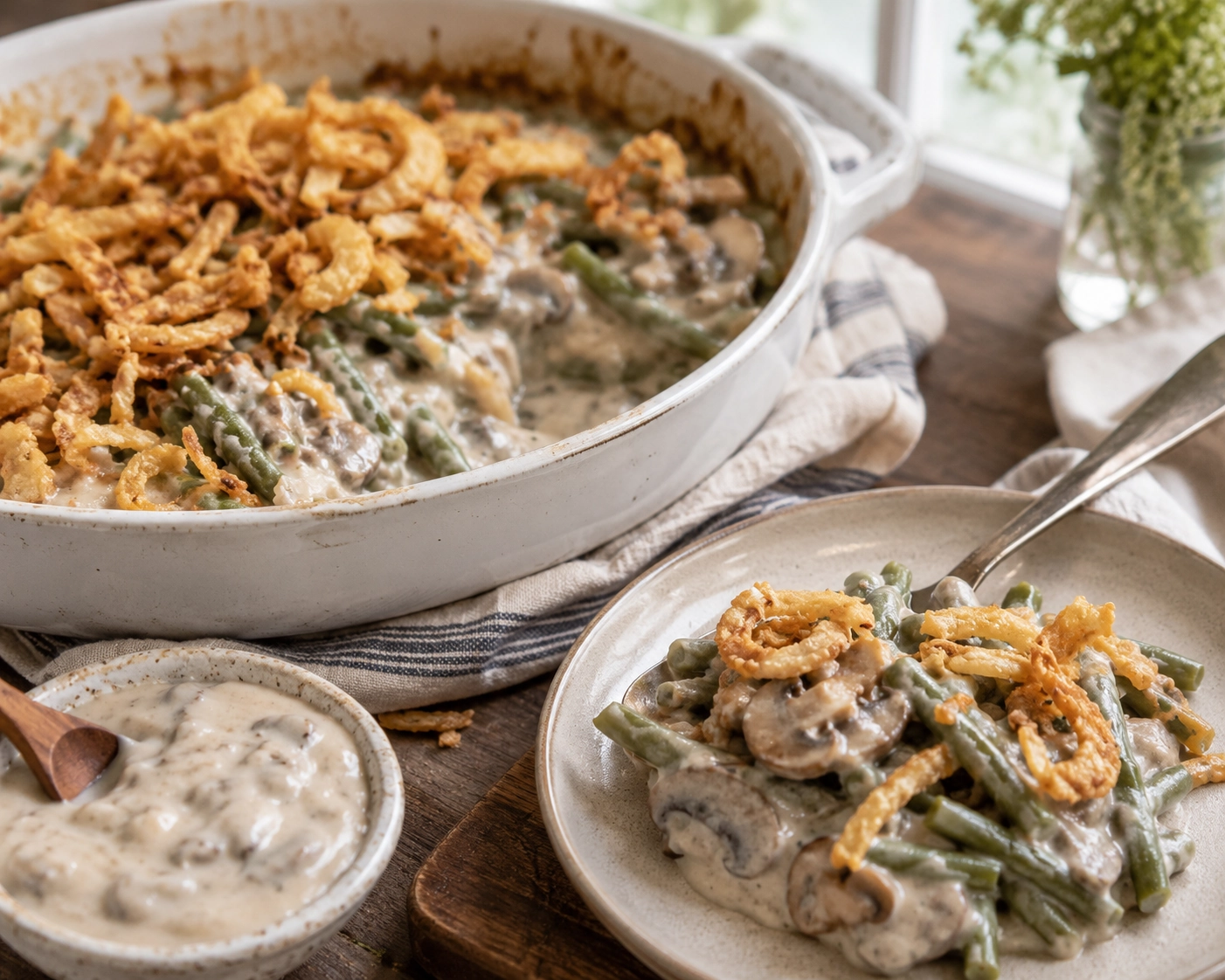 Rustic green bean casserole close-up