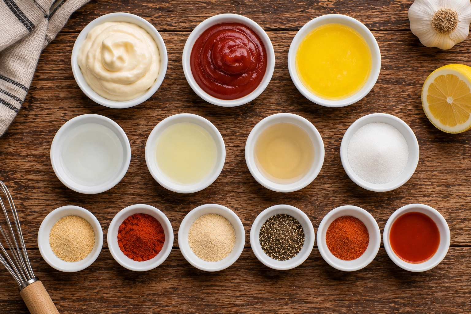 Rustic kitchen essentials and spices flat-lay