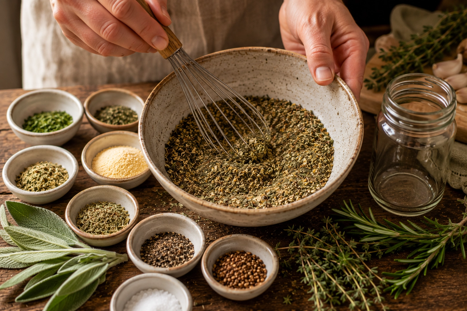 Rustic kitchen herb preparation scene