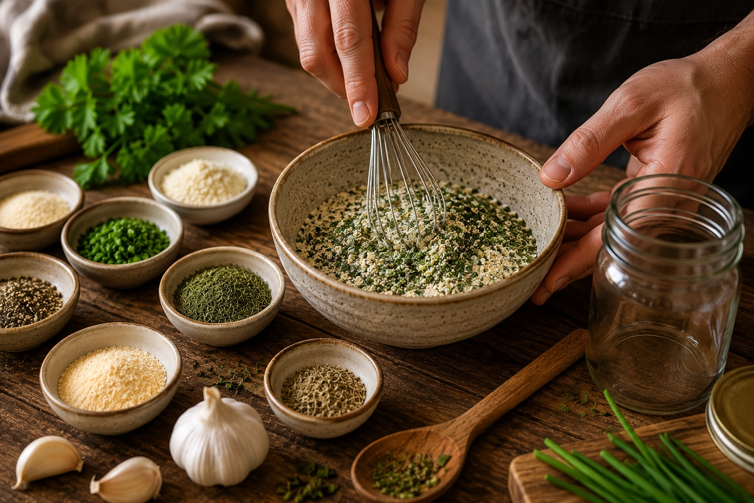 Rustic kitchen herb preparation scene2