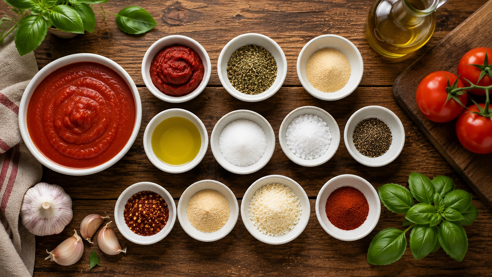 Rustic kitchen ingredients flat-lay