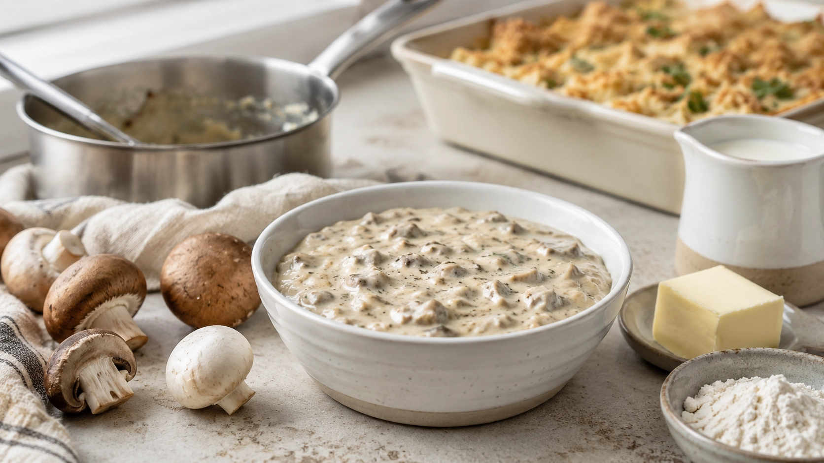 Rustic kitchen mushroom stew prep