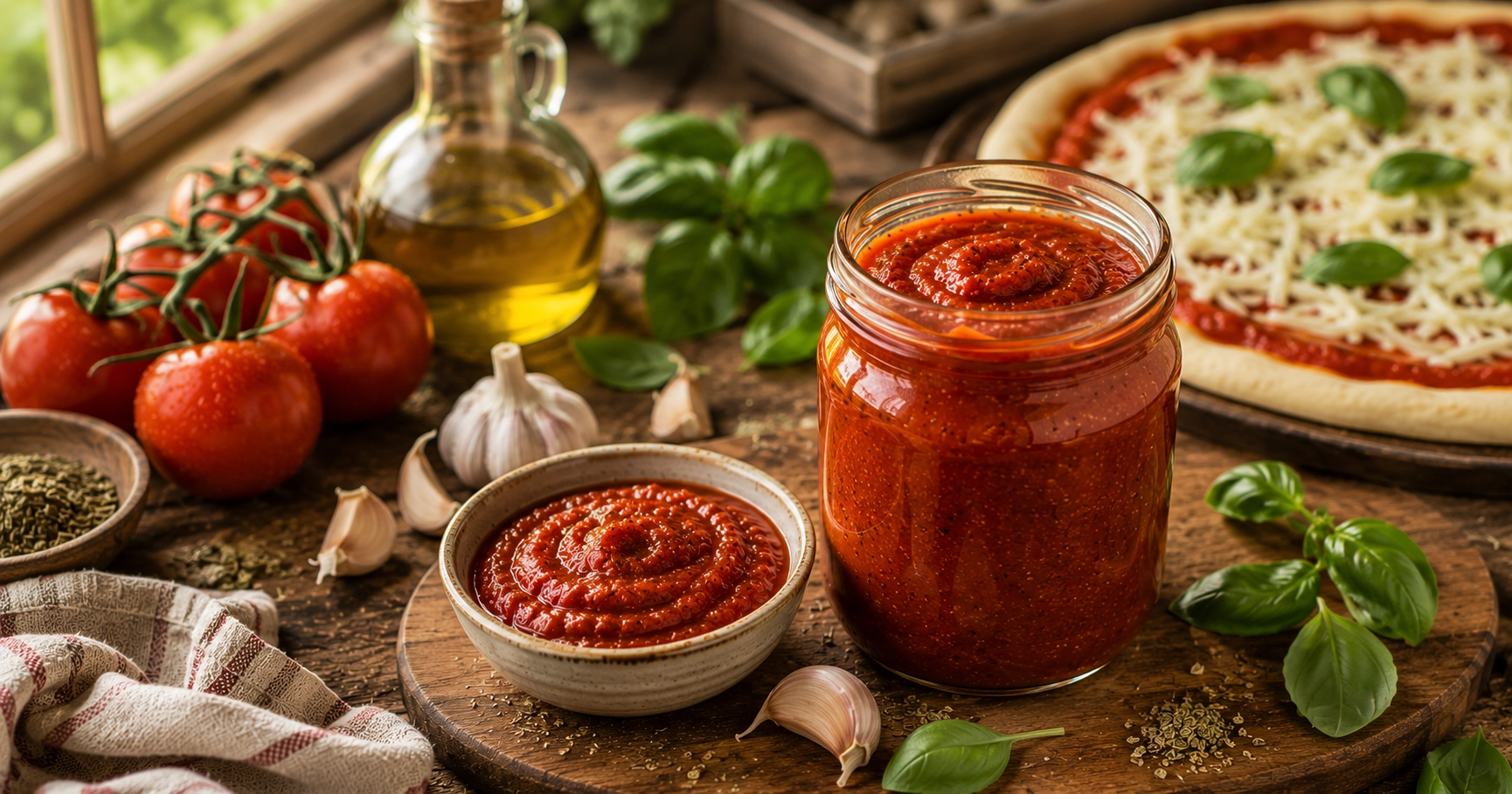 Rustic kitchen pizza prep scene