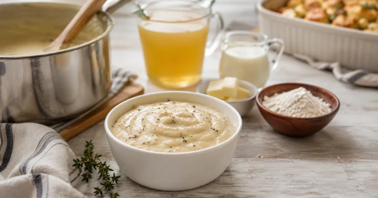 Rustic kitchen prep with creamy sauce