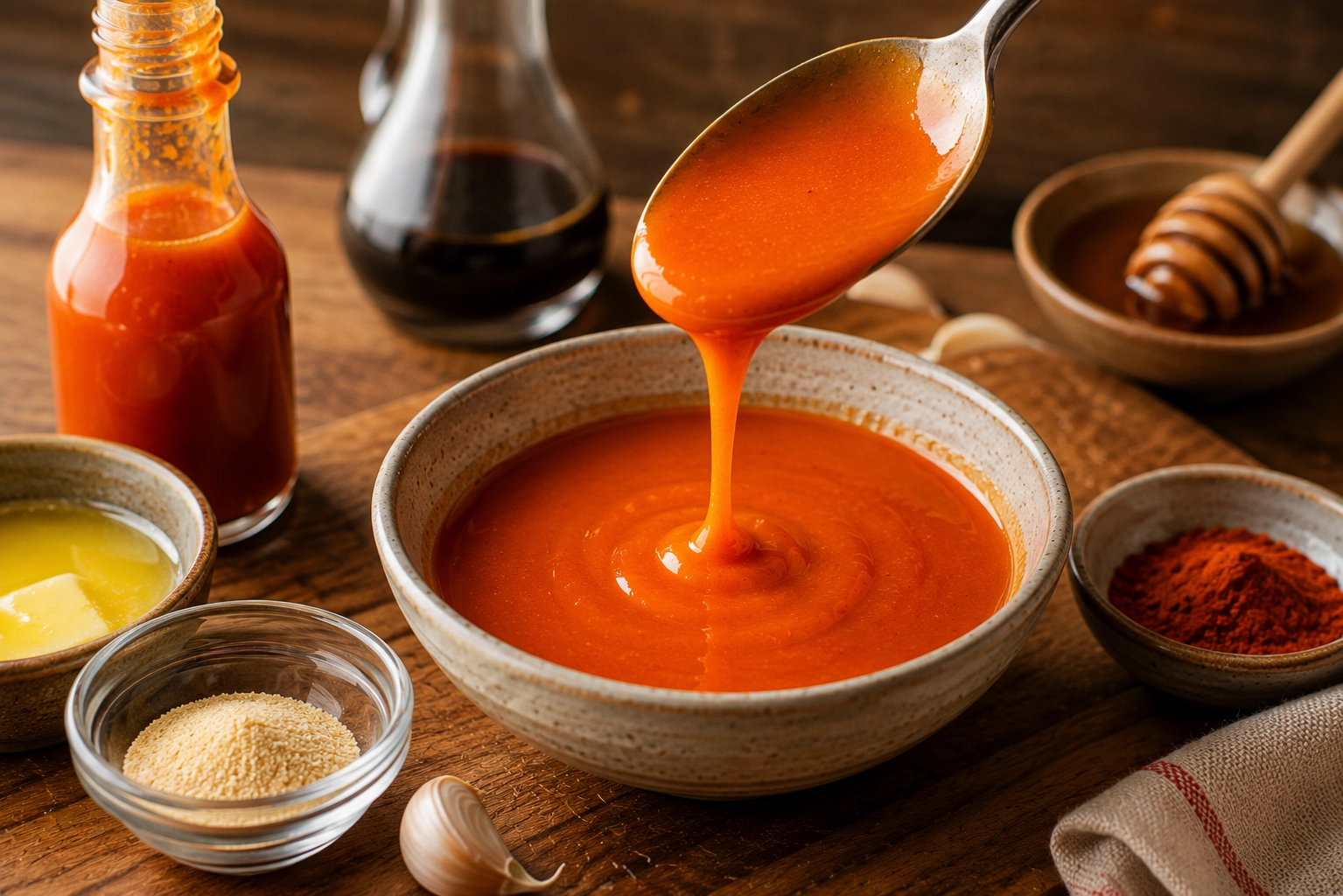 Rustic kitchen prep with rich sauces