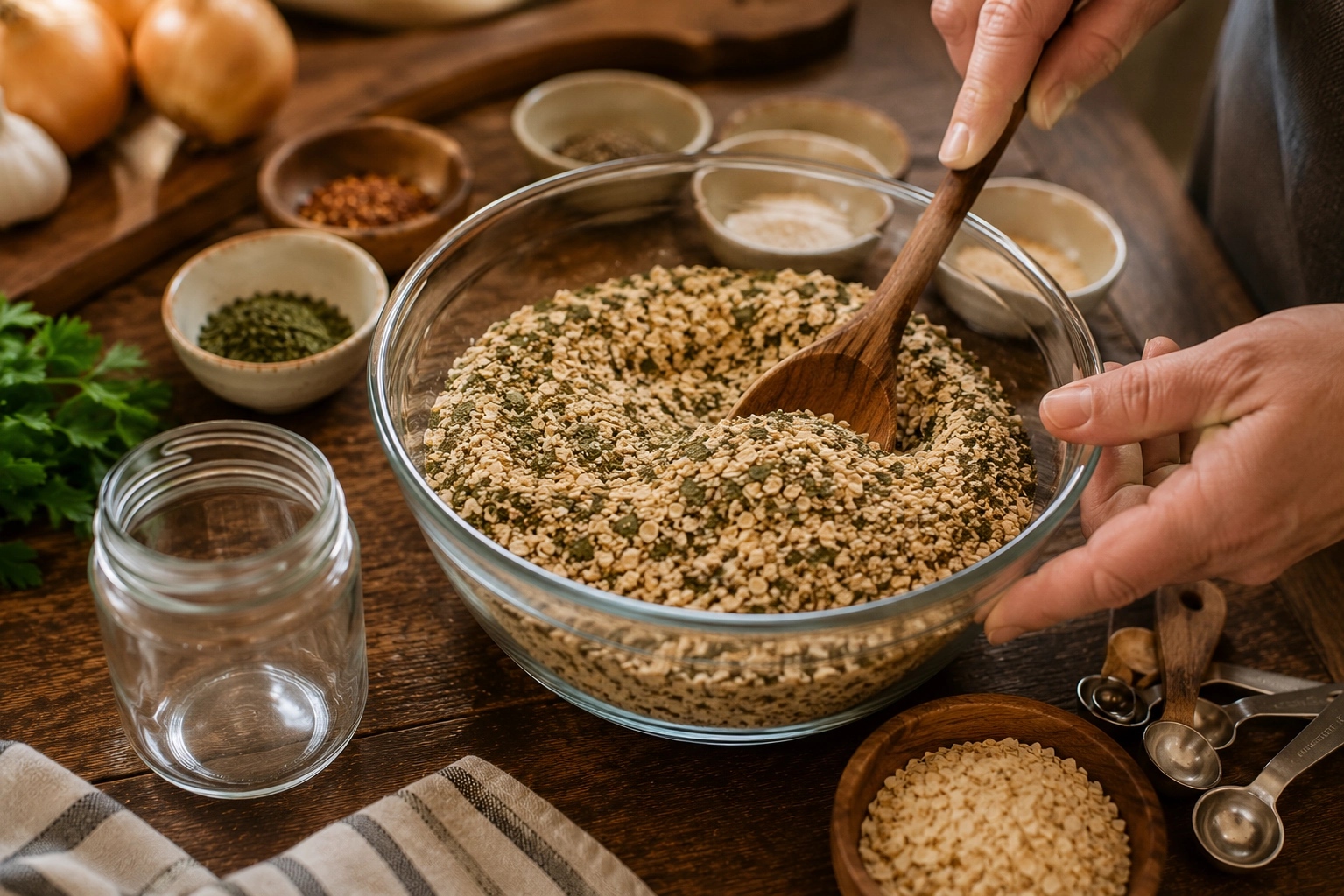 Rustic kitchen with herb mix preparation