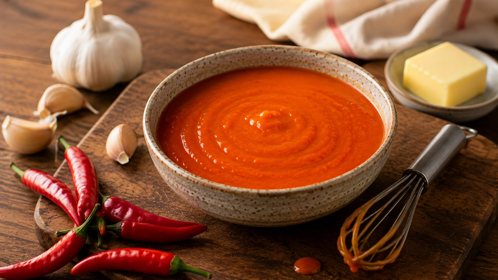 Rustic kitchen with red sauce ingredients