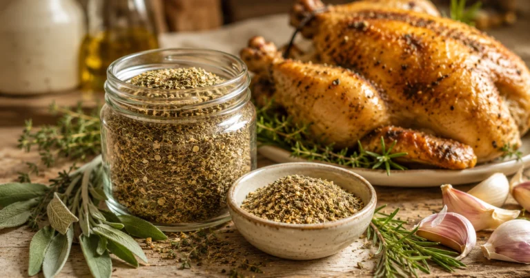 Rustic kitchen with roasted chicken and herbs