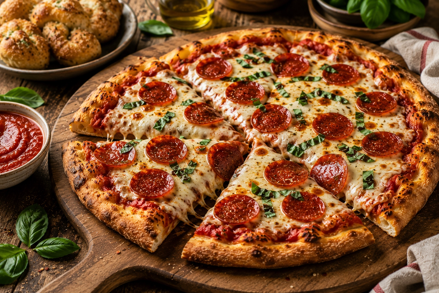 Rustic pepperoni pizza on wooden board