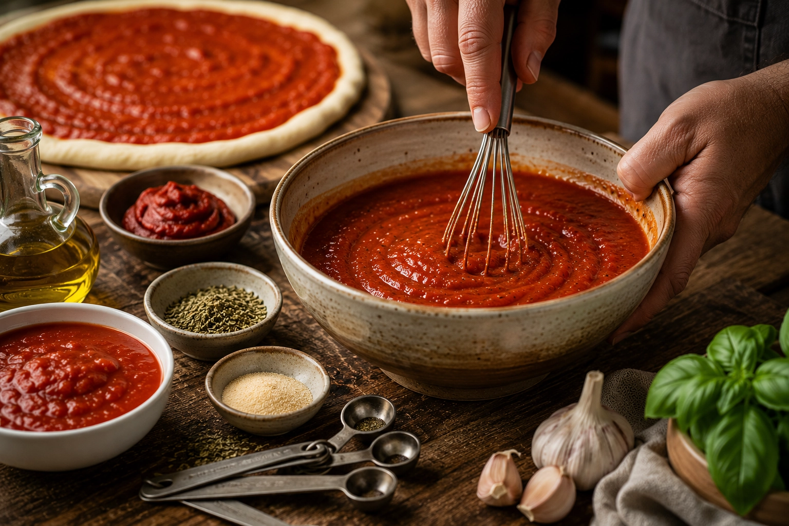 Rustic pizza sauce preparation scene