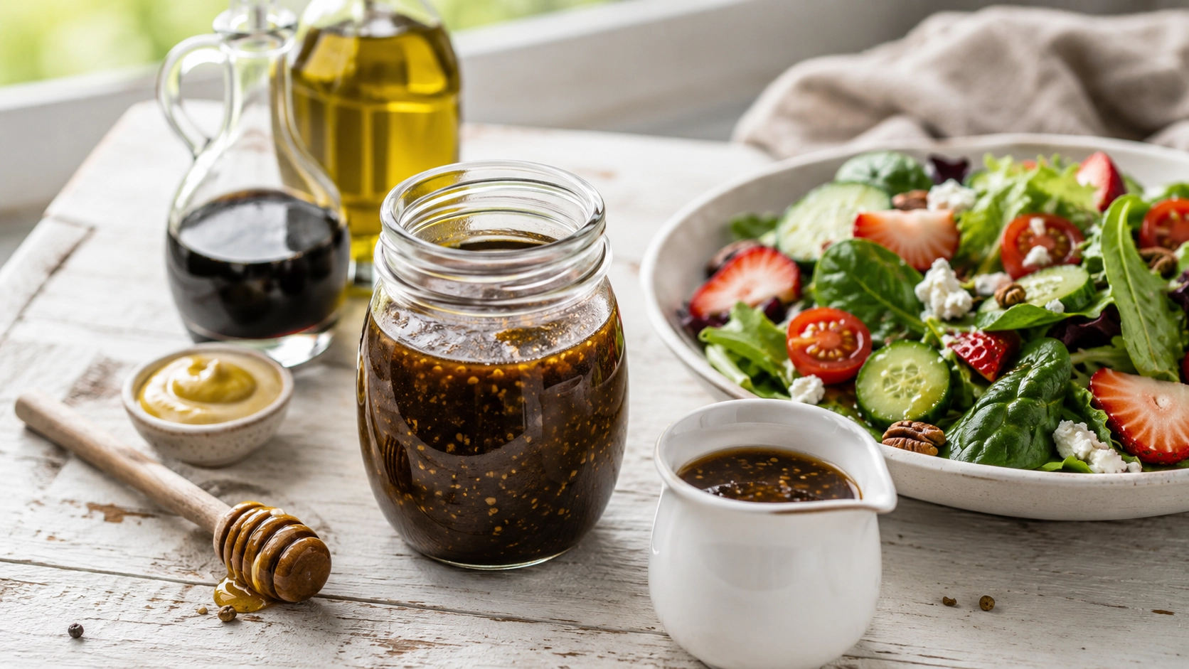 Rustic salad and dressing setup