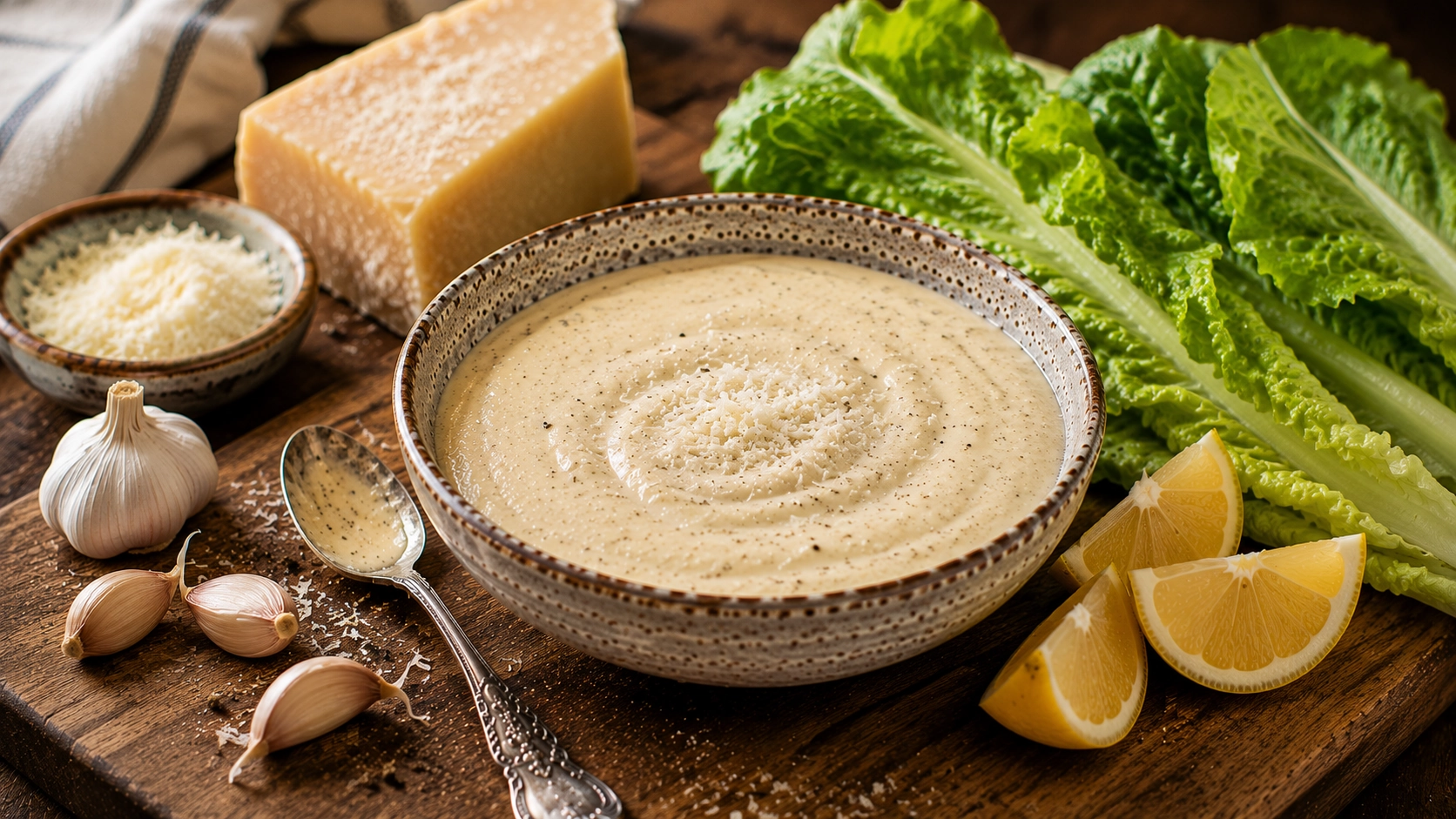 Rustic salad dressing ingredients on wood