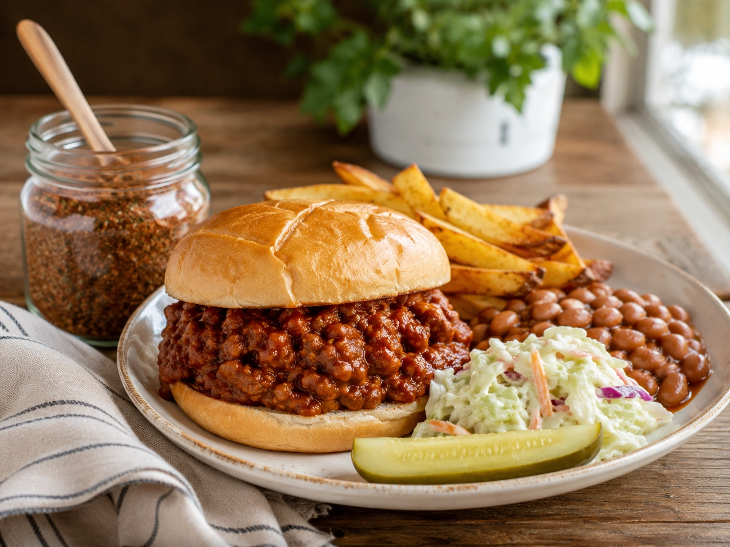 Rustic sandwich and sides on wood