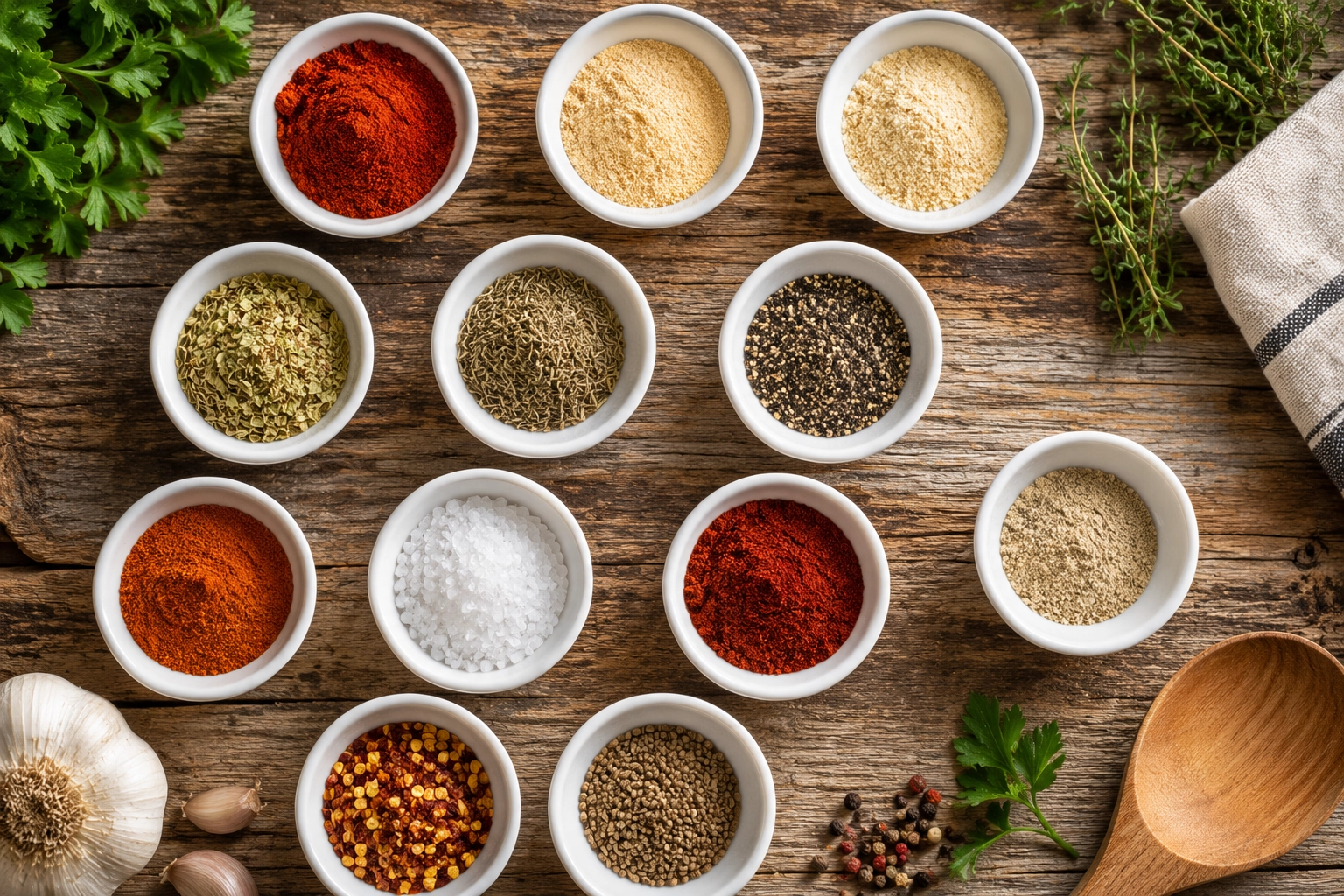 Rustic spice arrangement on wooden table