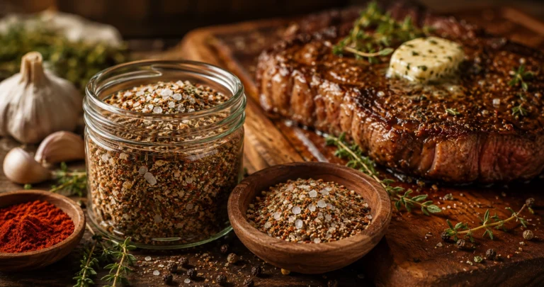 Rustic steak with seasonings and herbs