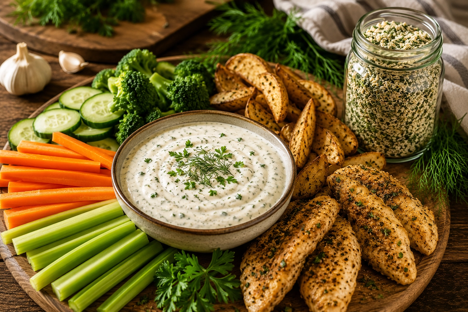Rustic veggie platter with dip