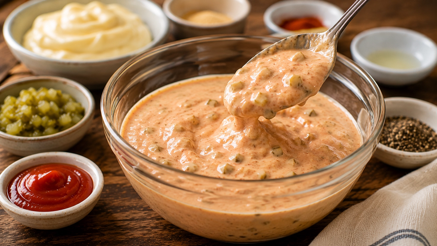 Sauces and seasonings on rustic wood