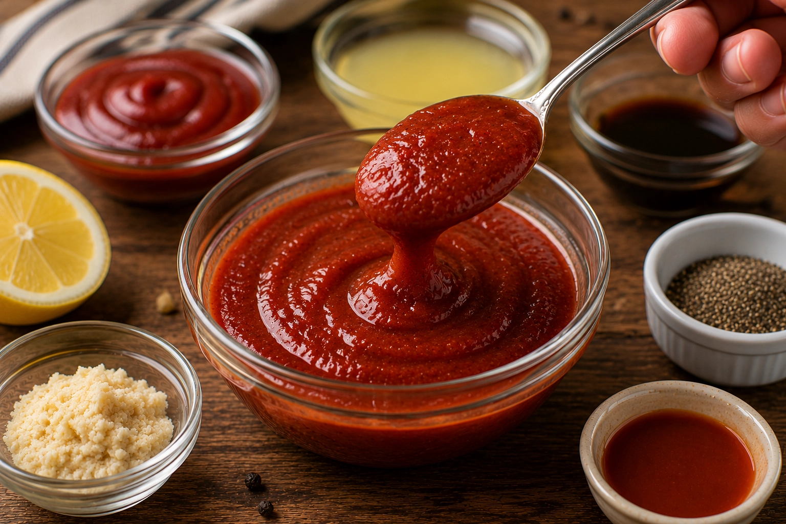 Sauces and spices in rustic setting