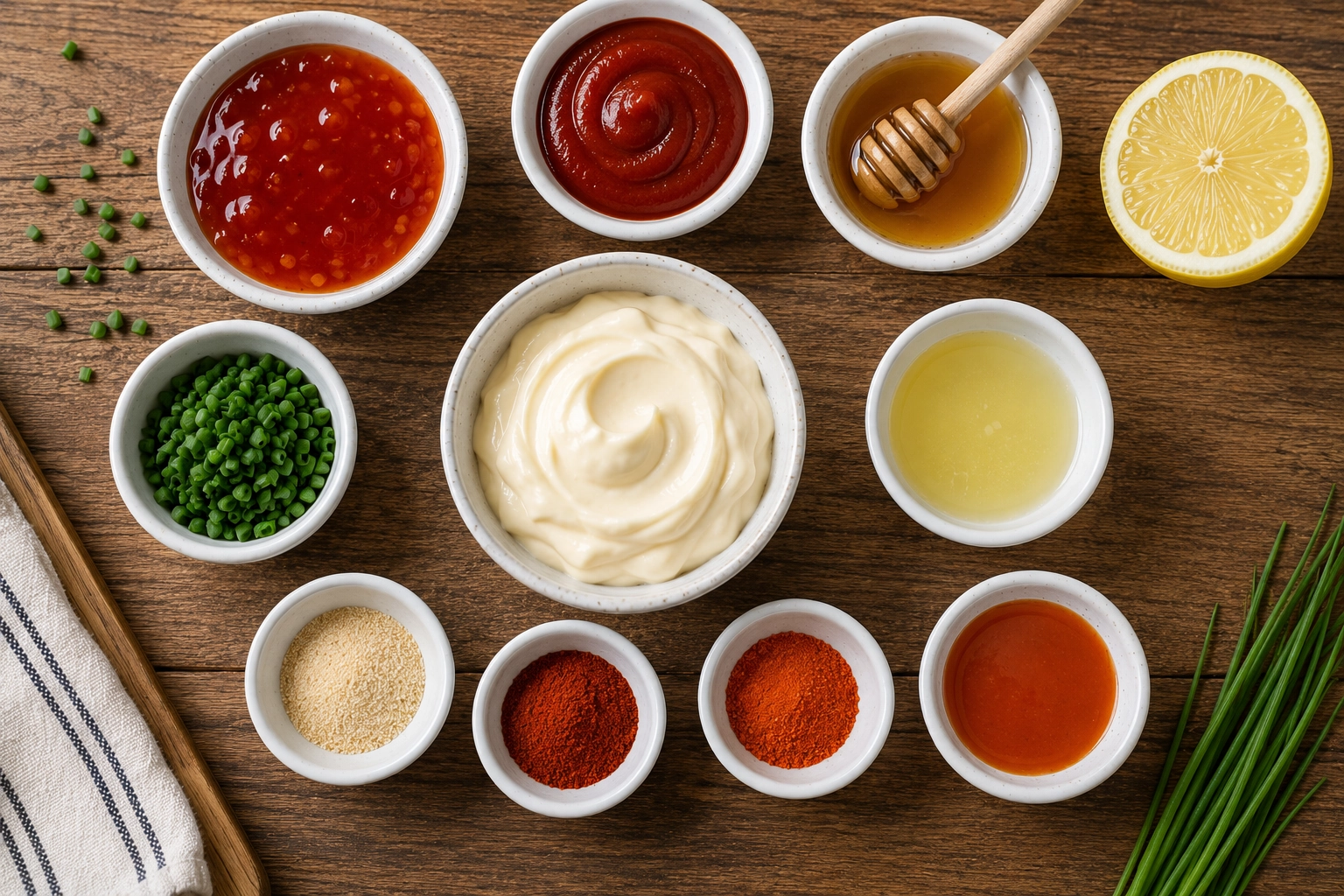 Sauces and spices on wooden table