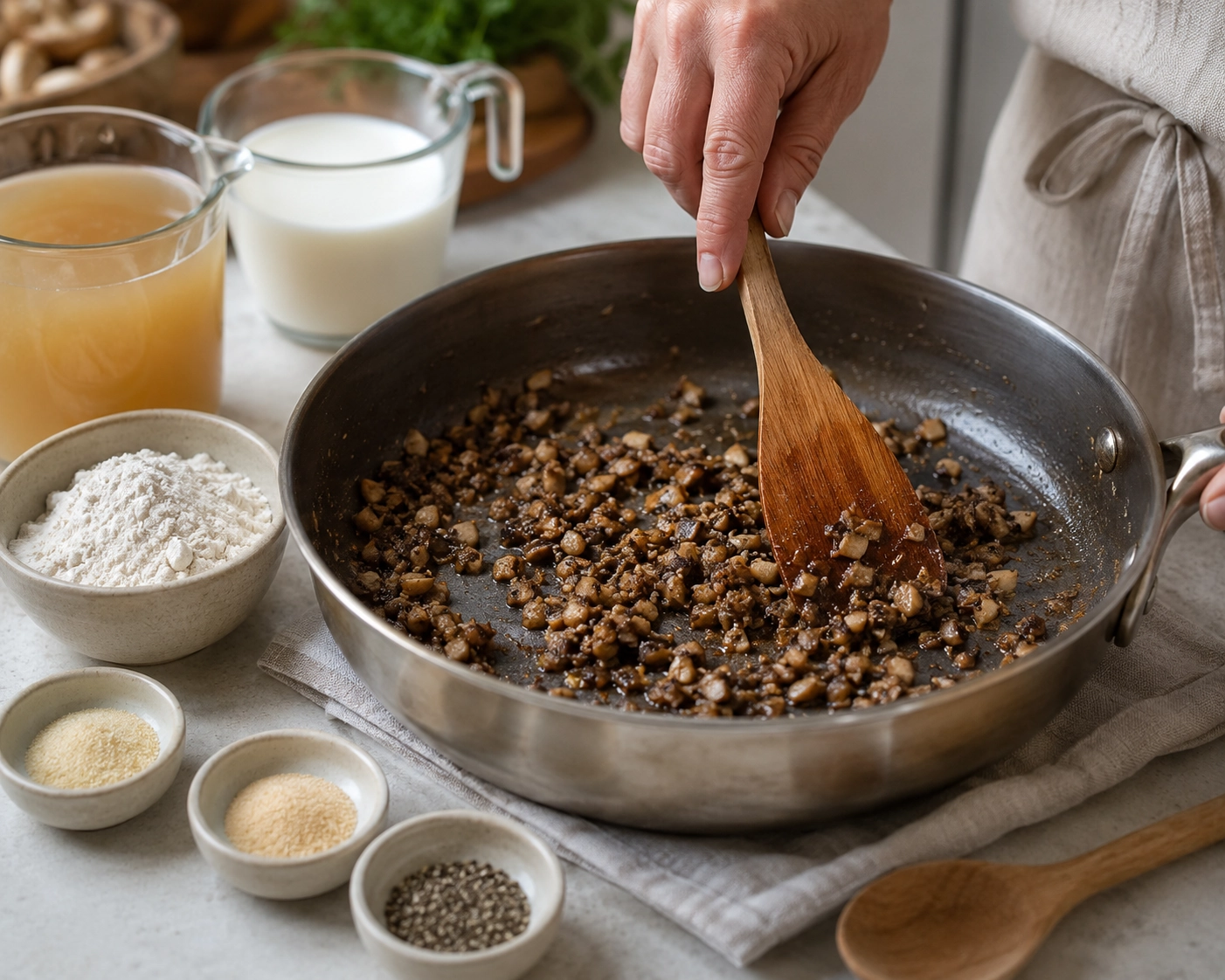 Sautéing mushrooms in a cozy kitchen