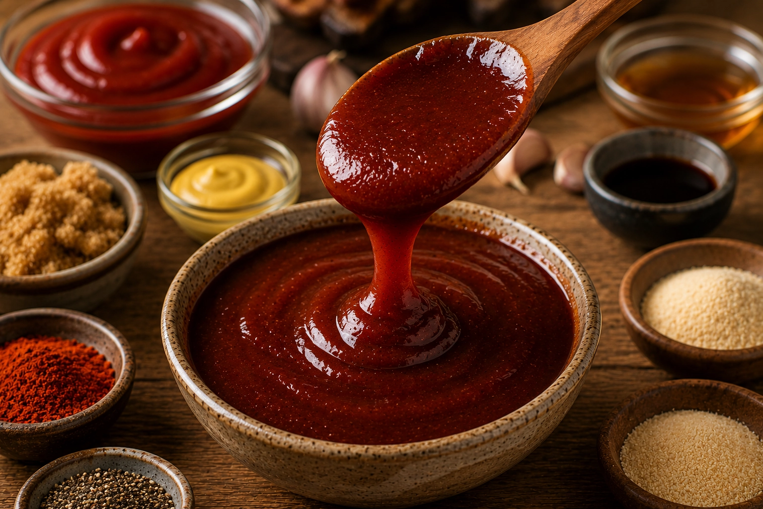 Savory barbecue ingredients on wooden table
