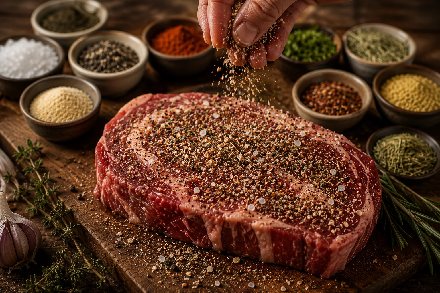 Seasoning a marbled steak with herbs