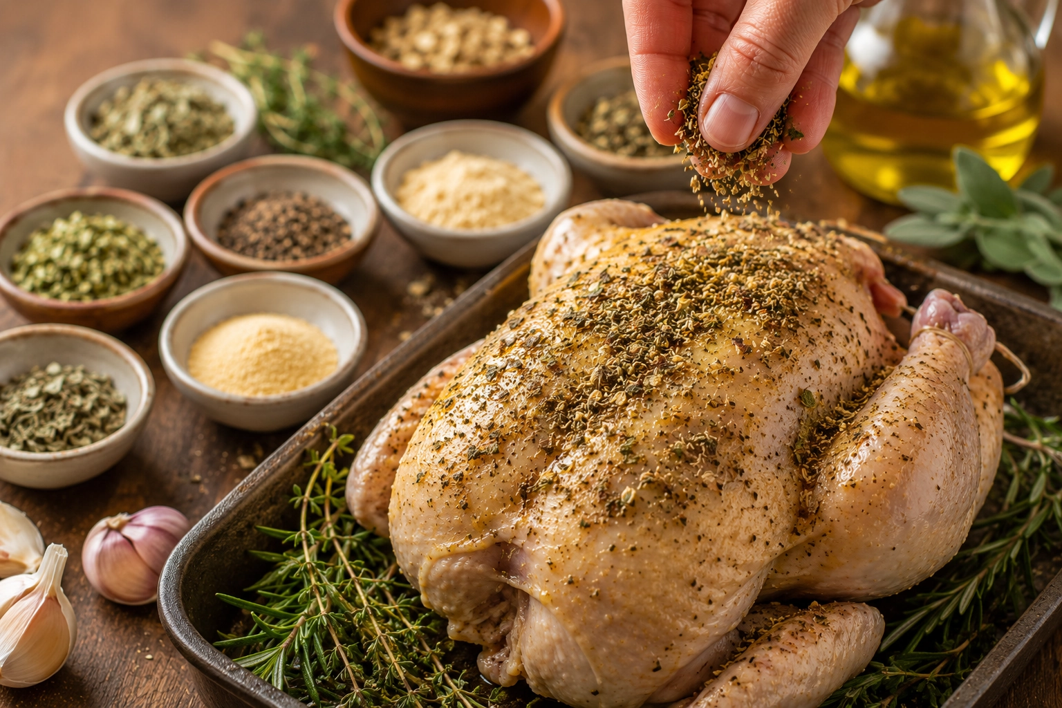 Seasoning a roast chicken in the kitchen