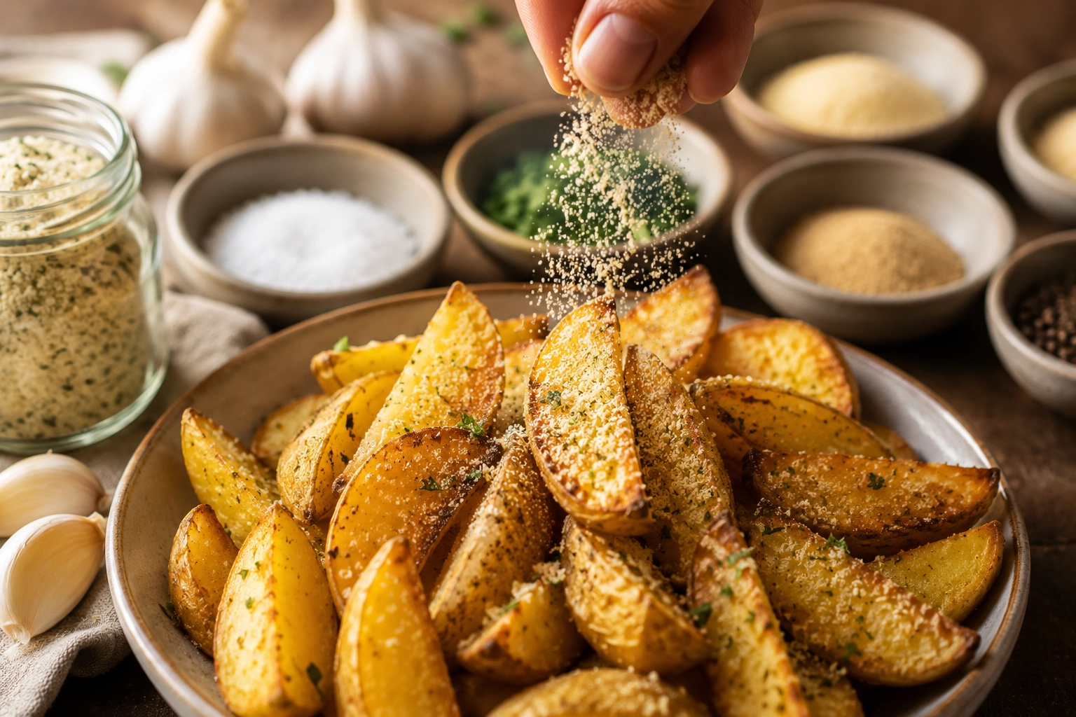 Seasoning crispy roasted potato wedges