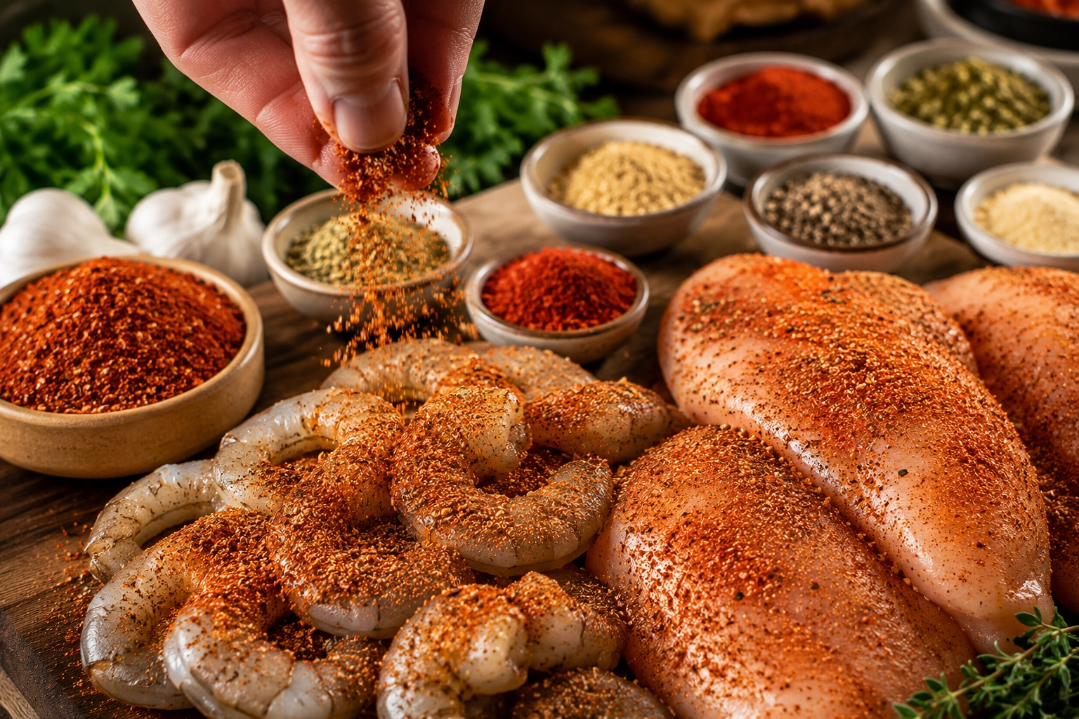 Seasoning raw shrimp and chicken