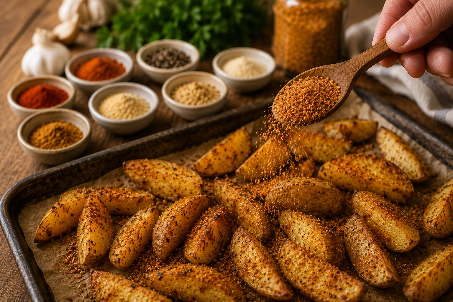 Seasoning roasted potato wedges in kitchen