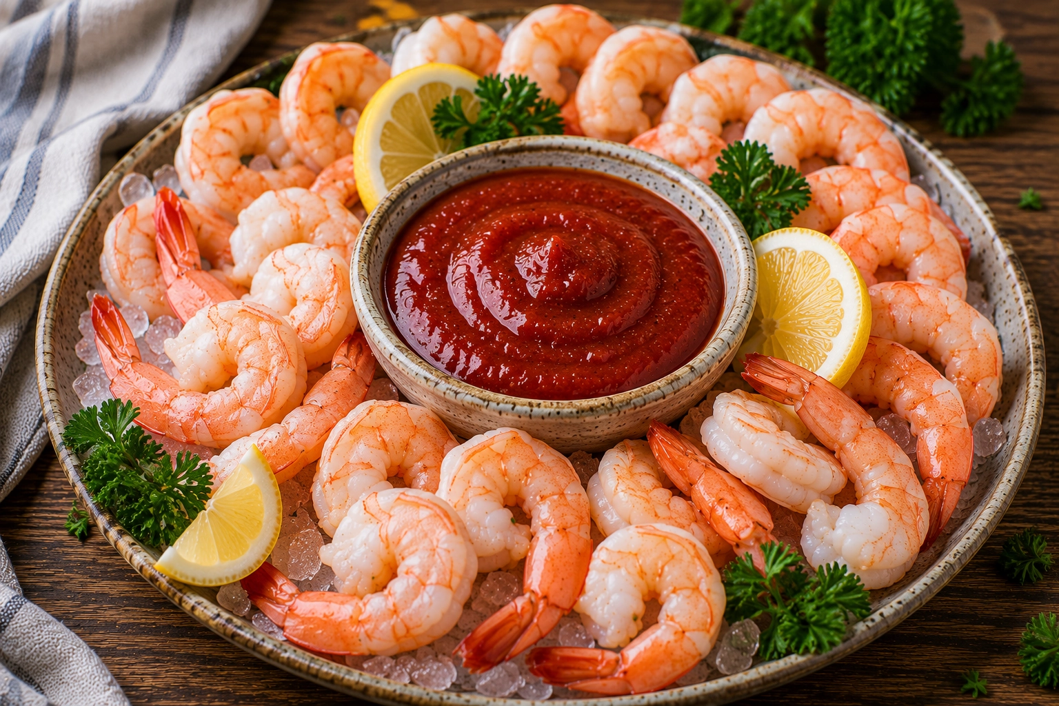 Shrimp cocktail on rustic platter
