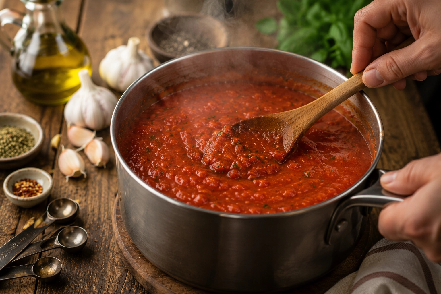 Simmering tomato sauce in rustic kitchen