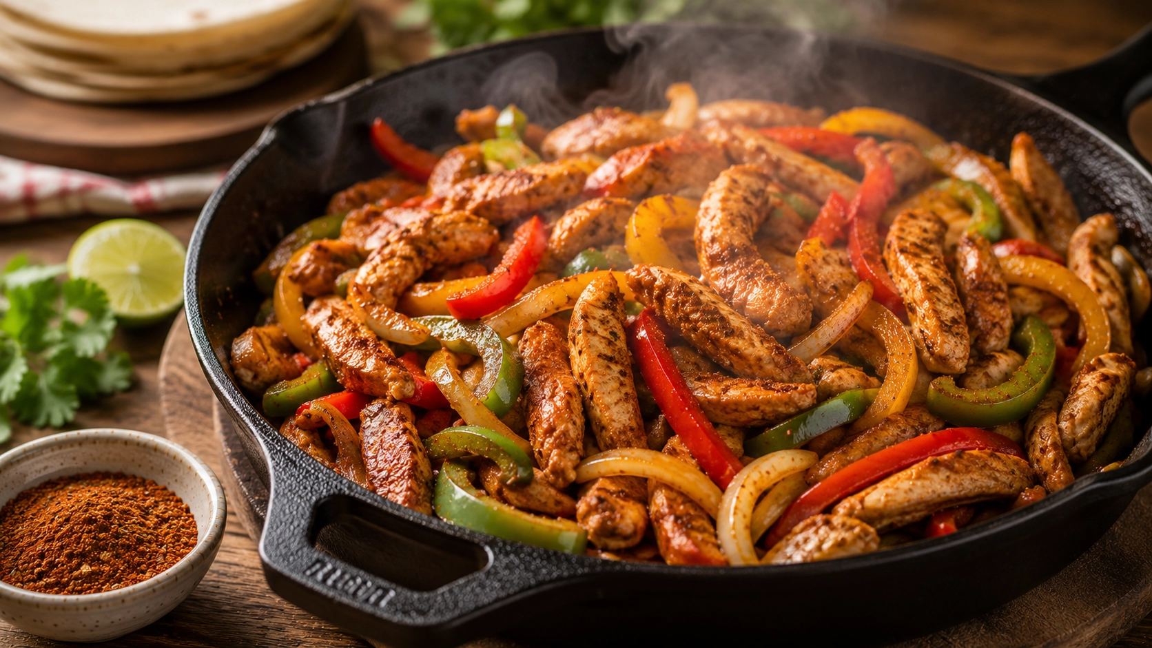 Sizzling chicken fajitas on cast iron